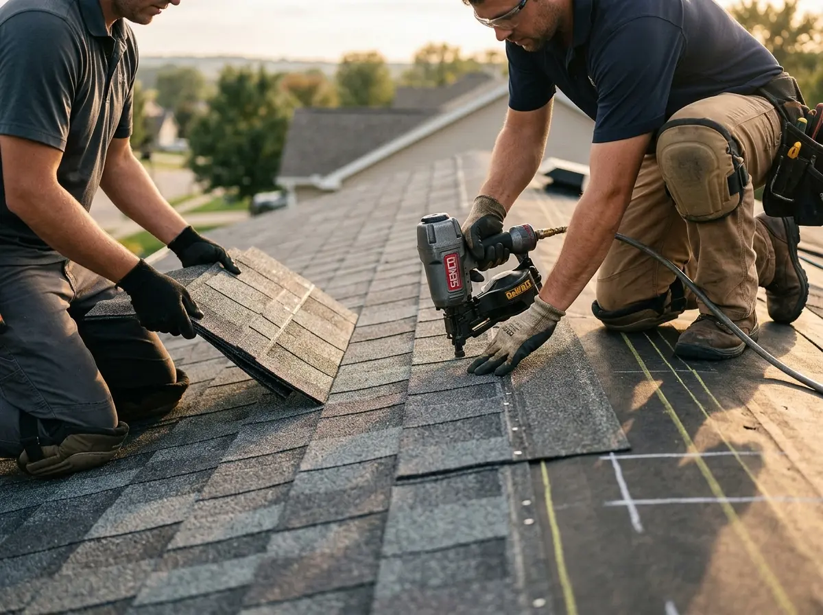 Professional roofer working on a residential roof in Moorefield